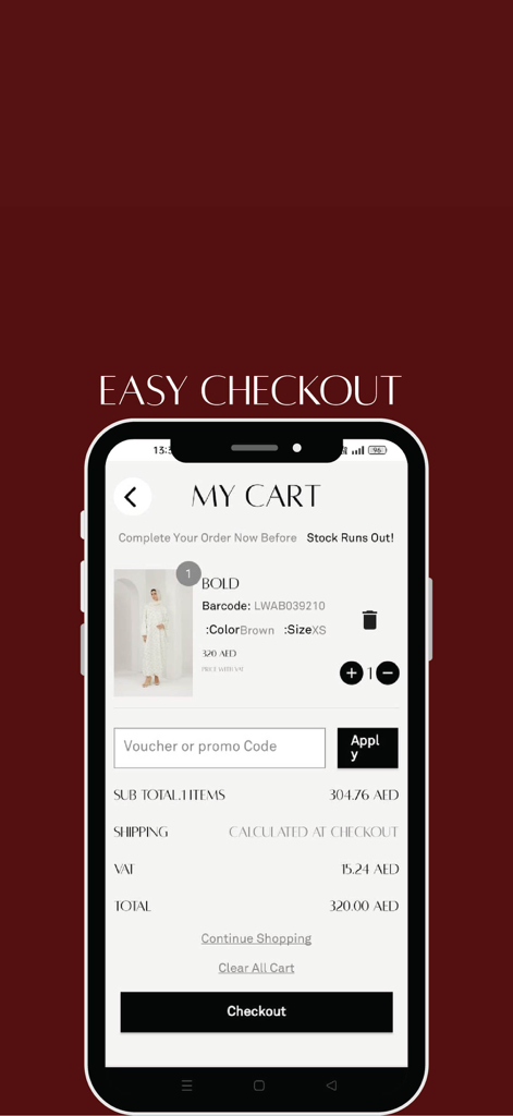 Classy YM - Classy YM mobile app shopping cart showing a white modest dress and easy checkout options