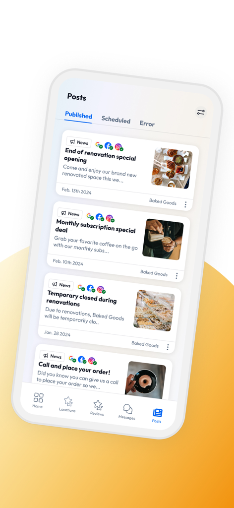 Partoo - Interface de l'application mobile Partoo montrant l'écran de gestion des publications avec les mises à jour d'actualités publiées pour une boulangerie locale sur plusieurs plateformes sociales.