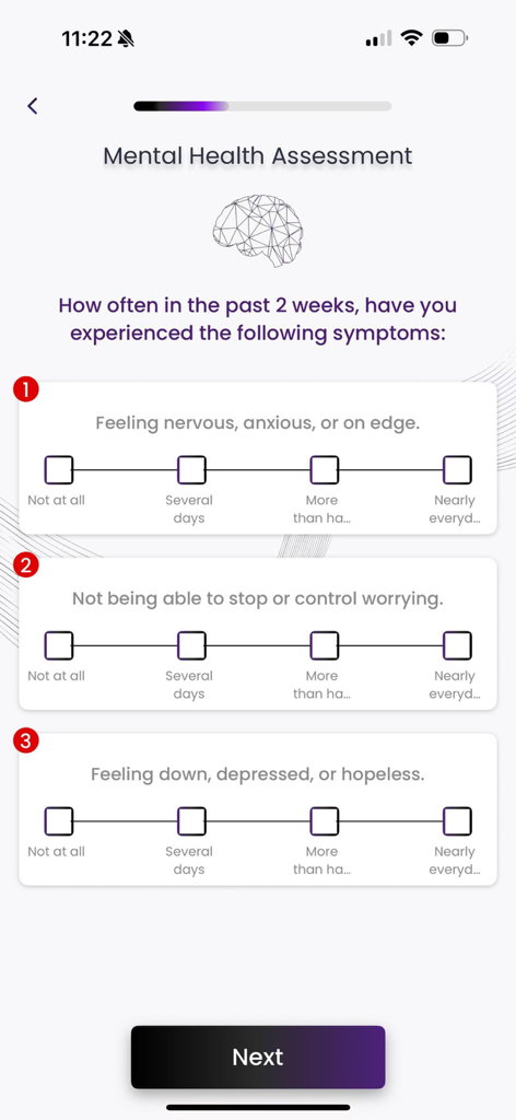 Health.IQ - A mental health assessment questionnaire screen in the Health.IQ app showing survey questions for anxiety and depression tracking.
