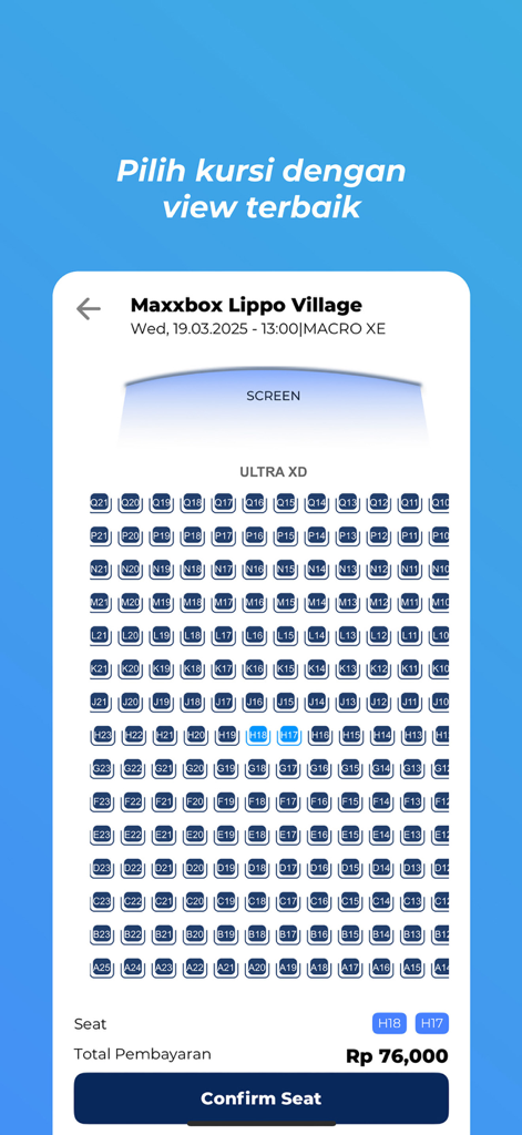 Interface do aplicativo móvel Cinépolis Cinemas Indonésia mostrando um mapa de assentos do cinema para escolher ingressos de filme.