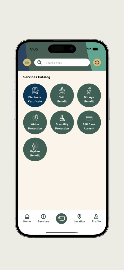 HIMAYA Social Protection Fund - HIMAYA app services catalog screen showing icons for electronic certificate child benefit and old age benefit