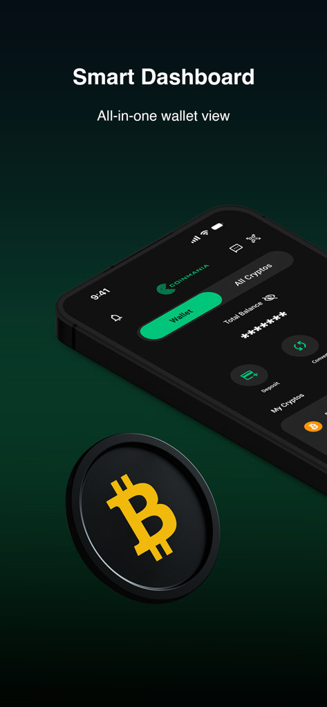 Coinmania app smart dashboard showing an all in one crypto wallet view on a smartphone