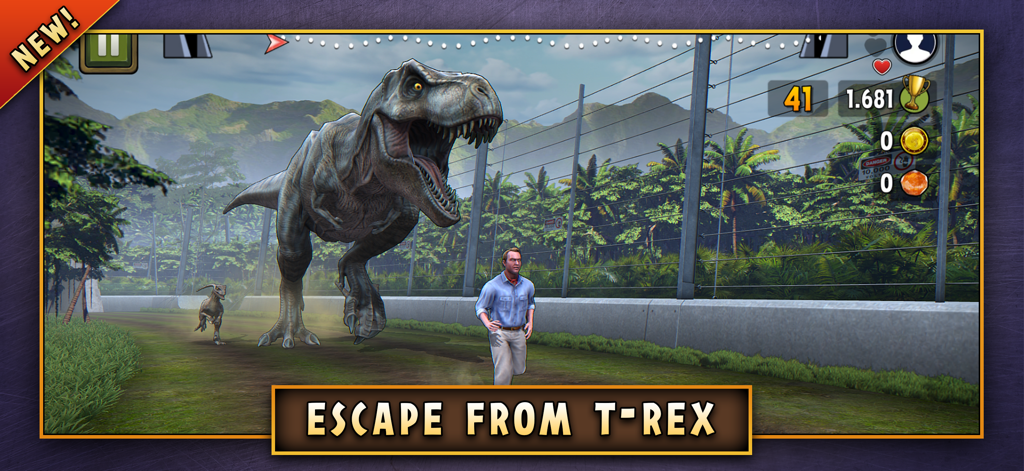 Jurassic Survivor: Evolved - Un hombre corriendo para escapar de un T-Rex masivo en un entorno de jungla
