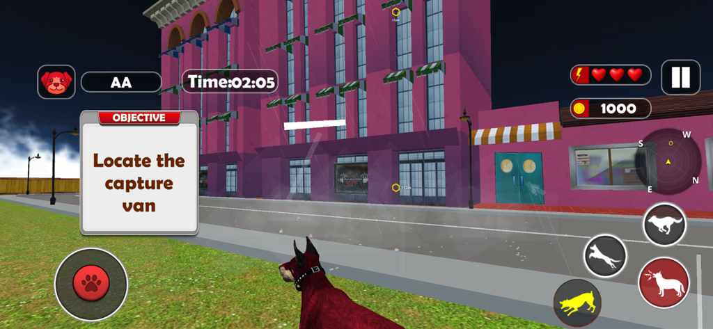 3D dog simulator gameplay showing a rescue mission in a city environment