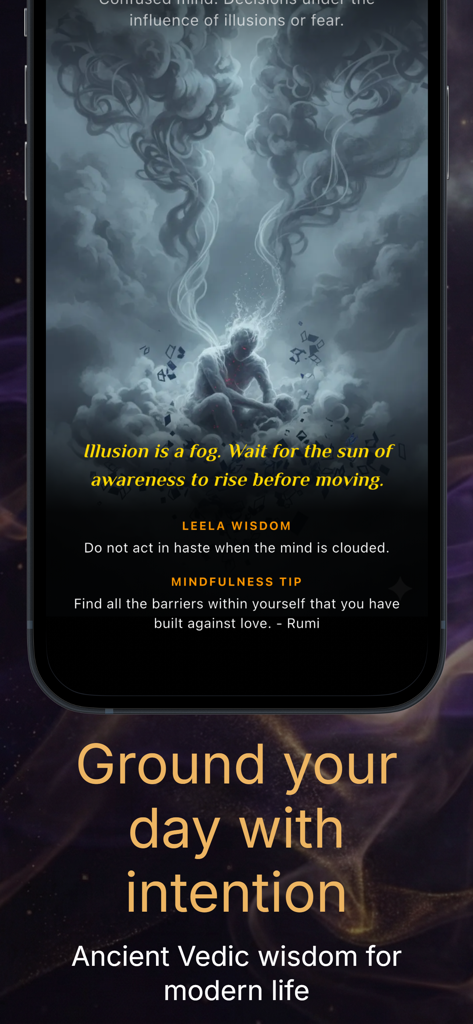 LeelaClue: Mindfulness - LeelaClue app interface showing daily wisdom and mindfulness tips for intentional living