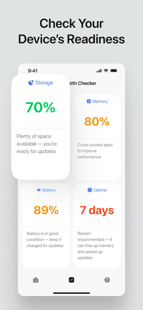 A mobile app interface showing device health stats including storage, memory, battery life, and system uptime