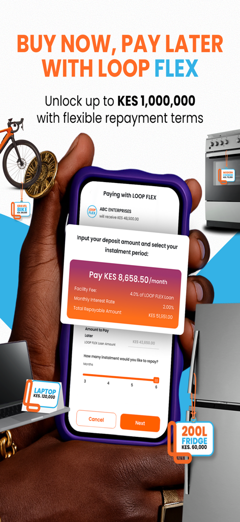 A smartphone screen showing the LOOP FLEX Buy Now Pay Later feature with various consumer goods and repayment options
