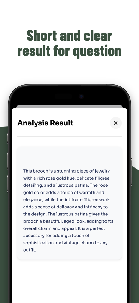 Jewelry Identifier: Gem Scan - Tela de smartphone mostrando um resultado de análise de joia gerado por IA para um broche vintage de ouro rosa.
