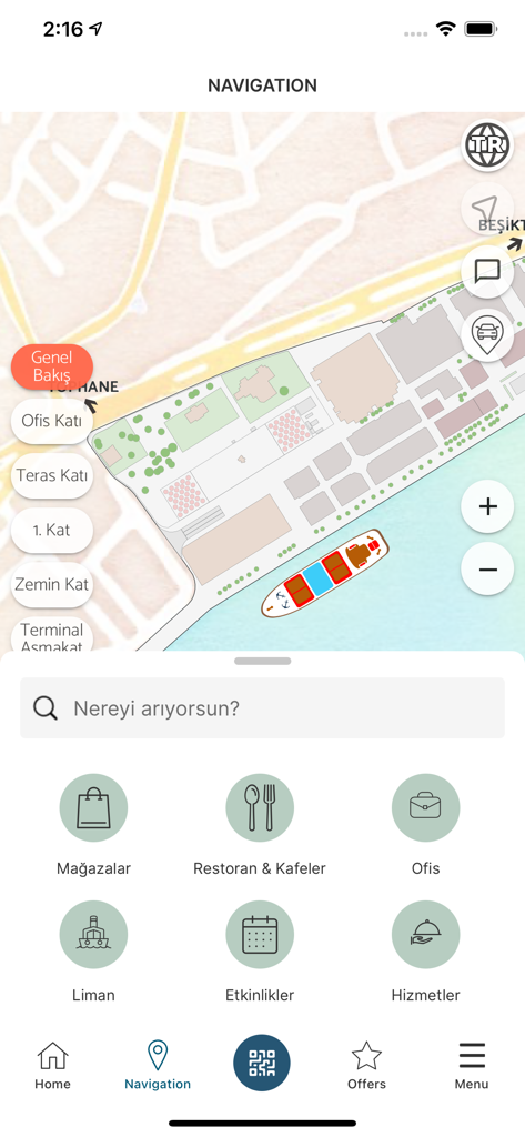 Mappa di navigazione interattiva nell'app mobile Galataport Istanbul che mostra negozi, ristoranti e una nave da crociera attraccata.