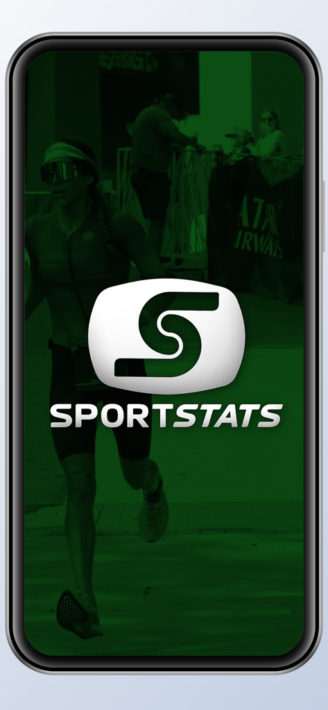 Sportstats Tracker app splash screen showing the logo over a green tinted image of a runner.