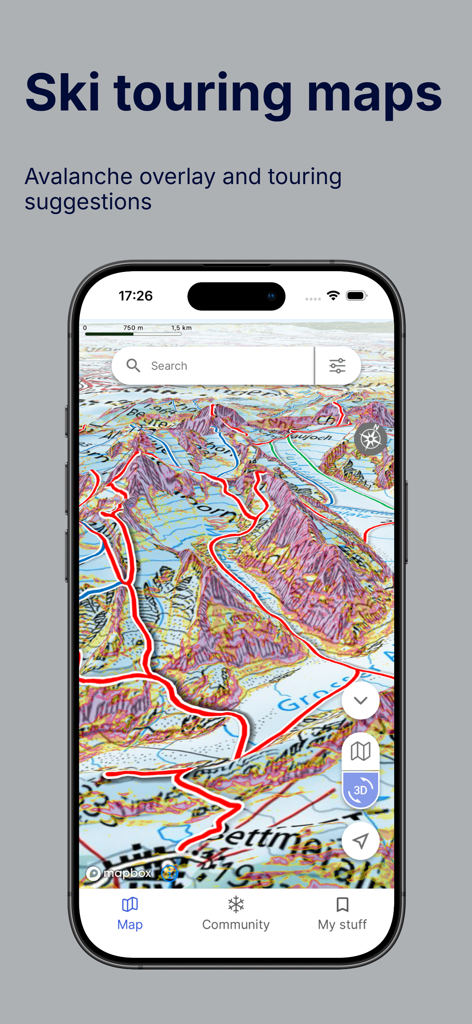 Interfaccia dell'app Skida che mostra mappe 3D di sci alpinismo con linee di itinerario rosse e sovrapposizione del terreno valanghivo