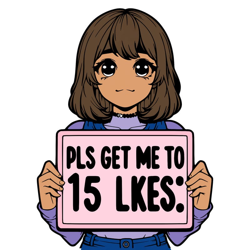 realistic girl holding up a sign that says “pls get me to 15 likes!”
