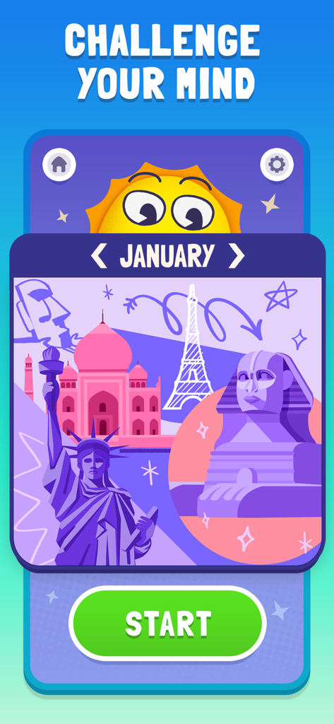 Cryptogram game menu screen with world landmarks and start button