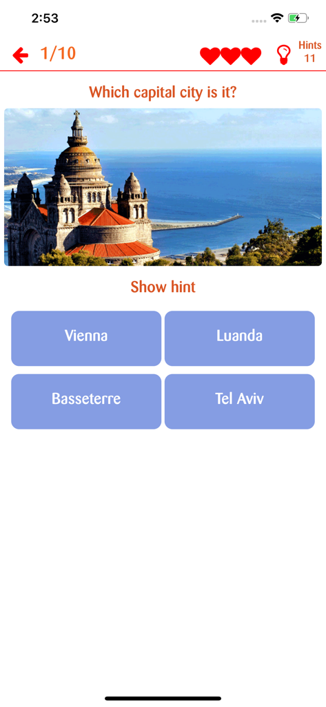 Screenshot of a capital cities quiz question in the Capitals Game app