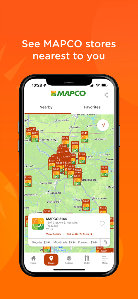 A map view in the MY MAPCO app displaying nearby gas stations and current fuel prices