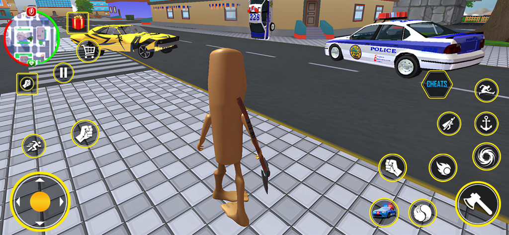 Brainzot City: Open World Fun - A quirky character with an axe explores an open world city street next to a police car in Brainzot City