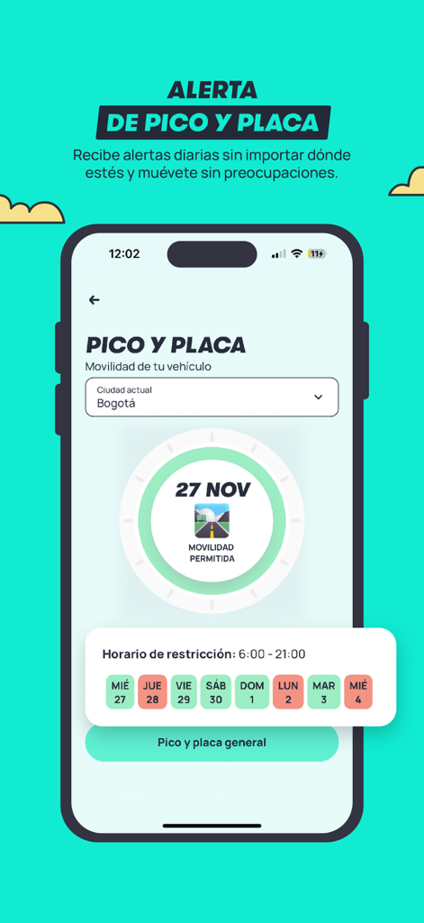 Mobile app screen showing driving restriction alerts and schedule for Bogota