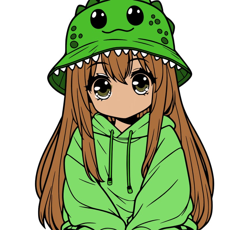 girl with anime shaped eyes with a dinosaur bucket hat oversized sweatshirt long straight hair