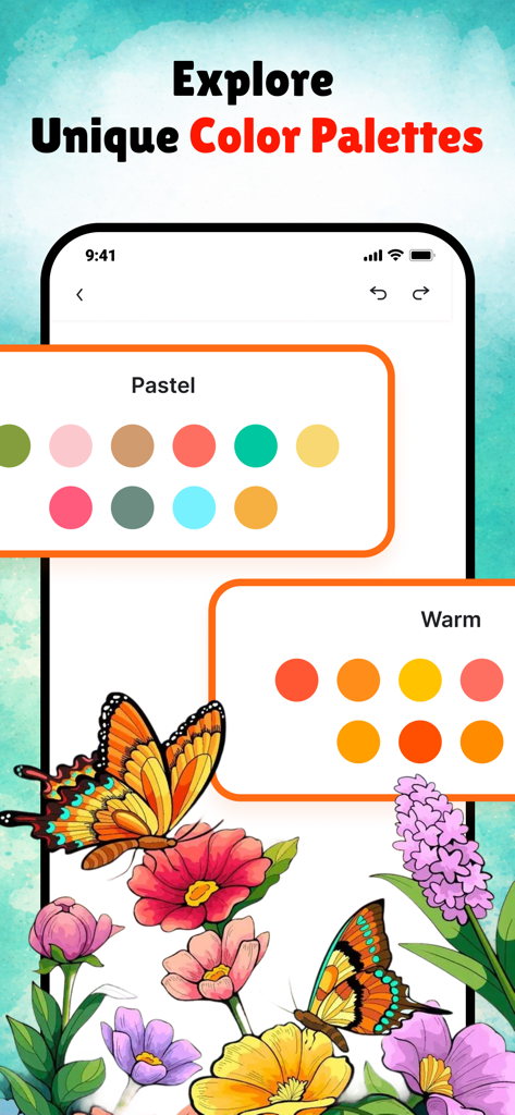 FillColor: Bliss Coloring Book - Interface of the FillColor app showcasing unique pastel and warm color palettes for coloring flowers and butterflies