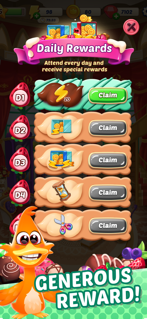 Menú de recompensas diarias en el juego móvil Merge Cookie Island que muestra varios premios reclamables y un personaje de dibujos animados alegre.