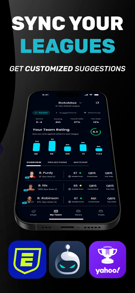 RotoBot - AI Sports Insights - RotoBot-App-Oberfläche, die die Synchronisierung von Fantasy-Football-Ligen mit Teamwertungen und Spielervorschlägen zeigt.