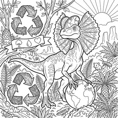 Embark on an epic coloring journey with this unique Dilophosaurus celebrating Earth Day! This intricate design combines prehistoric charm with a powerful message of environmental care, perfect for dinosaur lovers and eco-warriors alike.