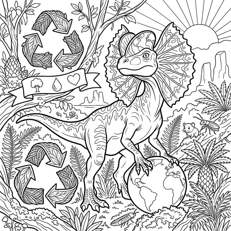 Embark on an epic coloring journey with this unique Dilophosaurus celebrating Earth Day! This intricate design combines prehistoric charm with a powerful message of environmental care, perfect for dinosaur lovers and eco-warriors alike.