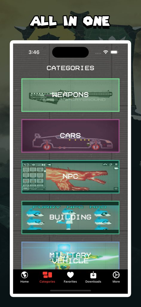 Mods Hub for Sandbox Games - Screenshot of the Categories screen in the Mods Hub for Sandbox Games app featuring weapons cars and character mods
