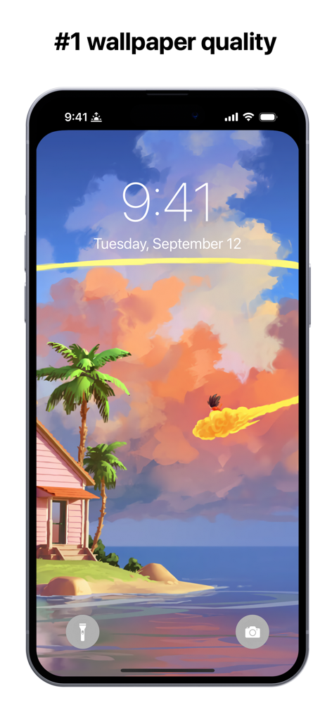High quality anime wallpaper on an iPhone lock screen featuring a character on a flying cloud over a tropical beach