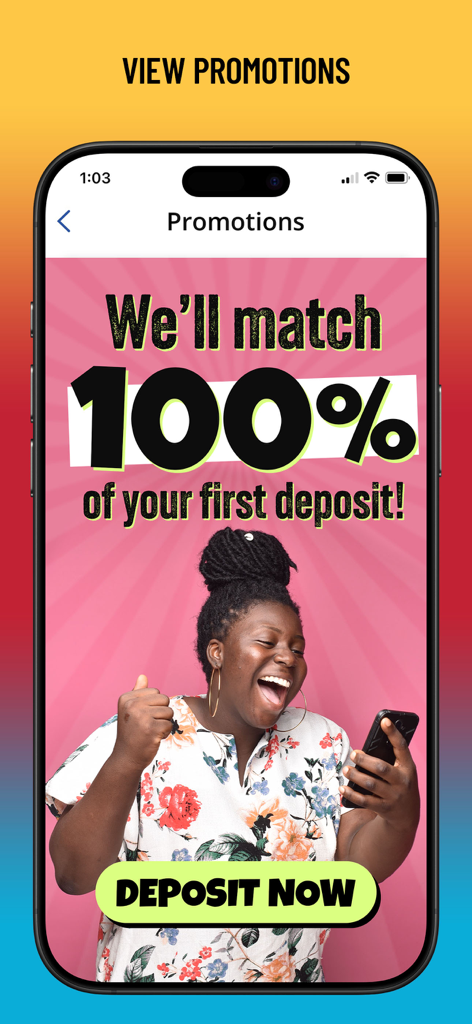 A woman celebrating a 100 percent first deposit match promotion on the Kentucky Lottery official app