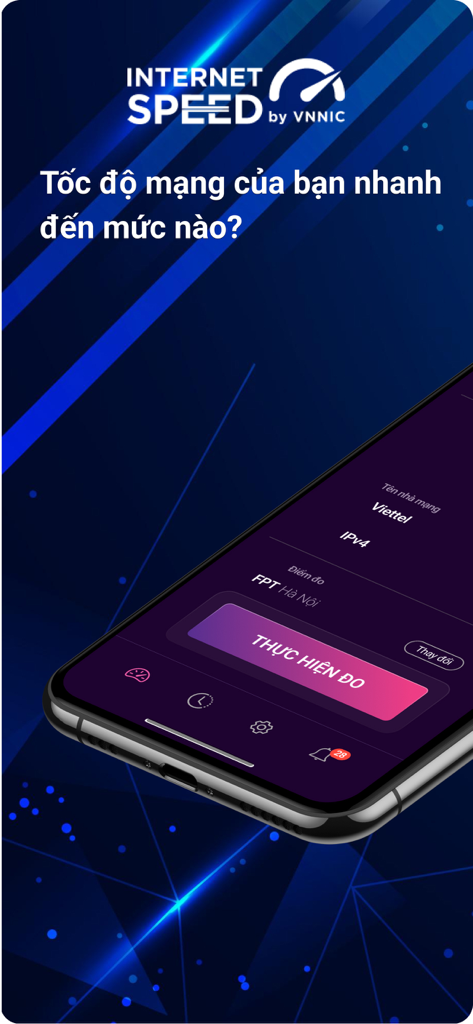 i-SPEED by VNNIC app showing the internet speed test start screen with network provider details