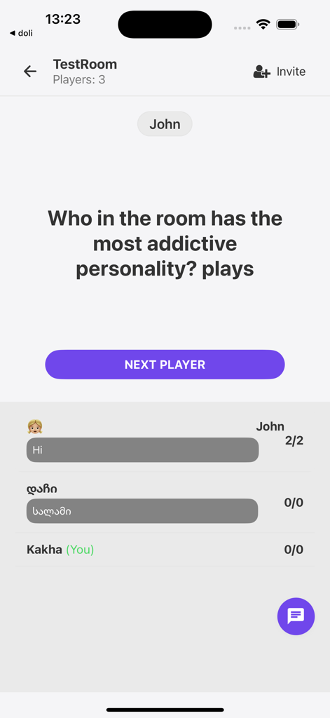 Truth or Dare Play Online - Interface de l'application Vérité ou Conséquence montrant une question de groupe et la liste des joueurs.