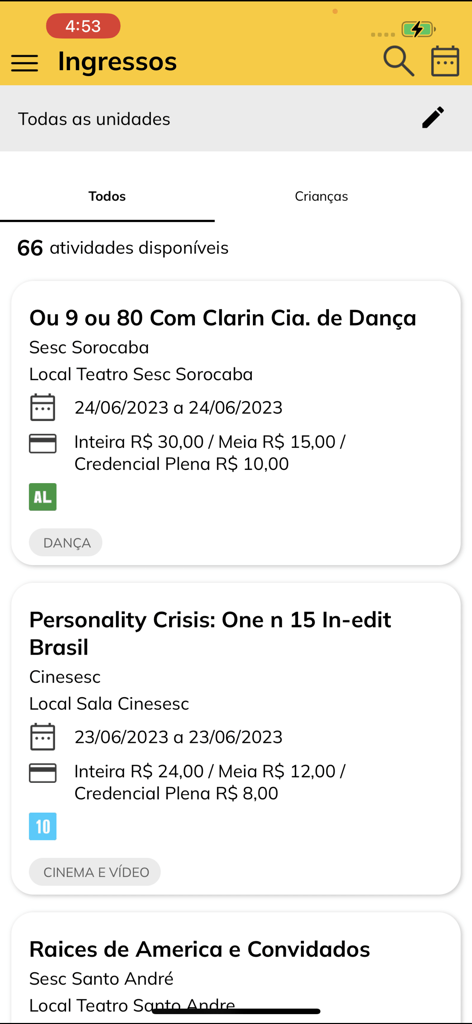 List of cultural activities and ticket prices in the Credencial Sesc SP app