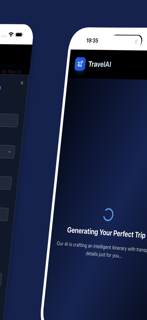 Smartphone screen showing the Travel AI app generating a personalized trip itinerary