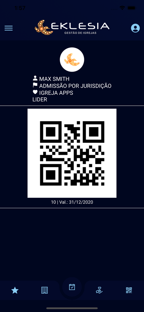 Portal Eklesia - User profile screen in Portal Eklesia app displaying a personal QR code for church check-in and membership identification.