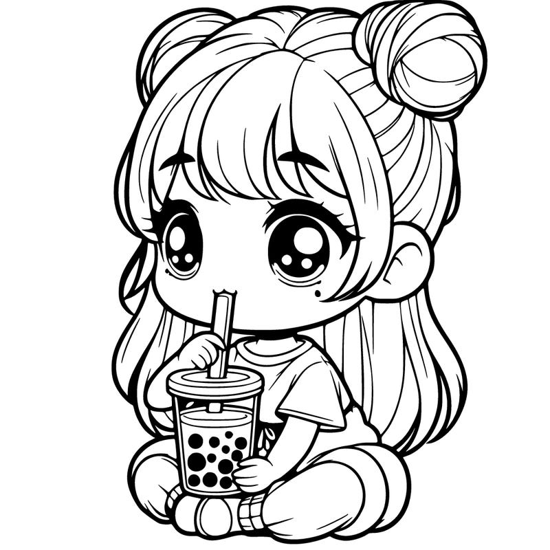 realistic little girl drinking boba