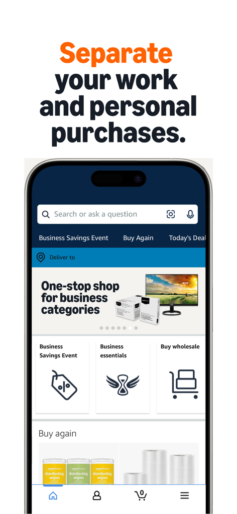 Amazon Business app interface highlighting the separation of work and personal purchases with B2B shopping categories.
