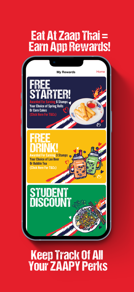 Rewards section of the Club ZAAP app featuring free starter and drink offers