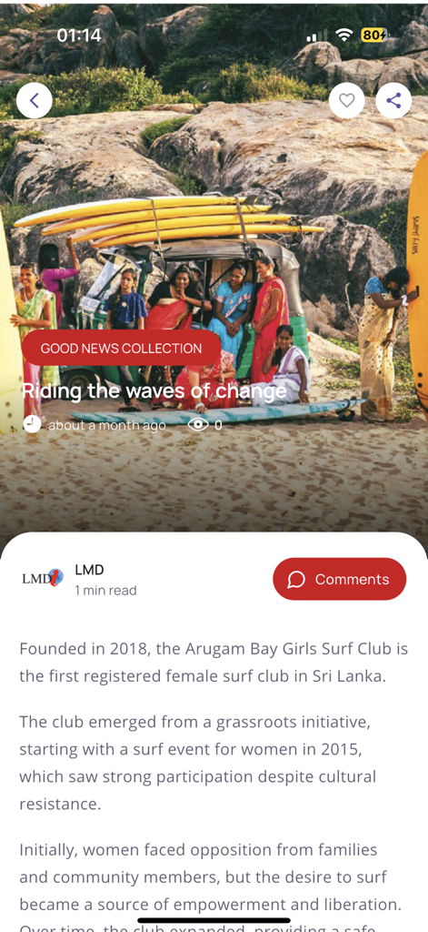 LMDi - LMDi news app interface showing an article about the first registered female surf club in Sri Lanka