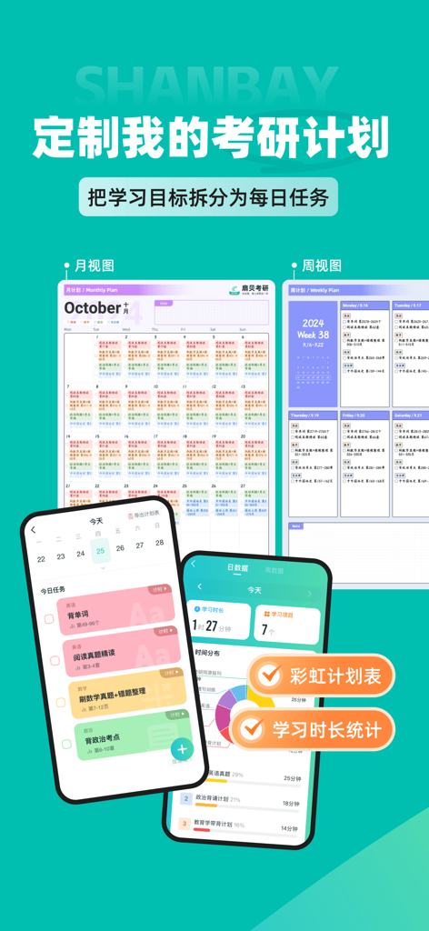 Personalisierte Lernplanungs-Oberfläche der Shanbay Kaoyan App, die Monats-, Wochen- und Tagesansichten von Aufgaben anzeigt.