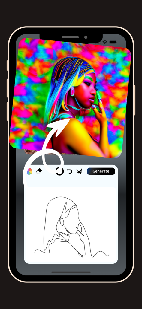 AI Magic Live Sketch: Fast Art - A mobile screen demonstrating a simple line drawing transforming into a colorful AI-generated portrait.