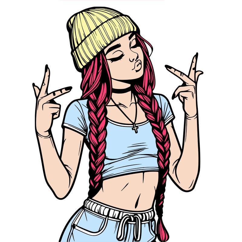 realistic teenage girl with braids and a beanie and crop top doing 🫶🏼