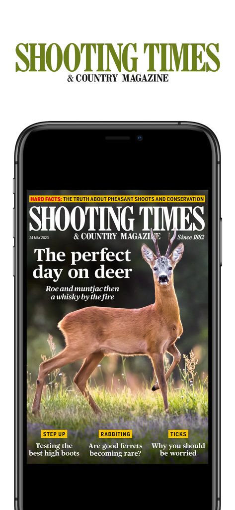 Digitale Titelseite der Shooting Times and Country Magazine App mit einem Reh in einem Feld.