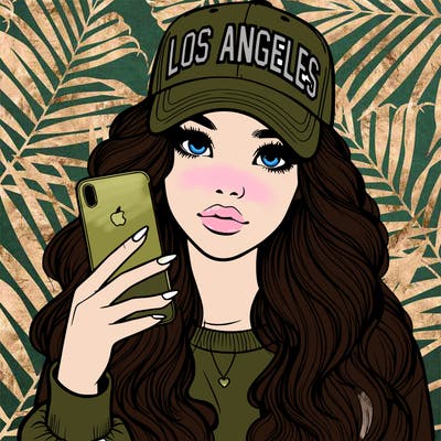 realistic beautiful girl wearing los ángeles cap holding an iphone