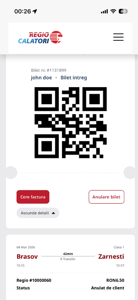 Regio Călători - Digital train ticket showing a QR code and travel details in the Regio Calatori app