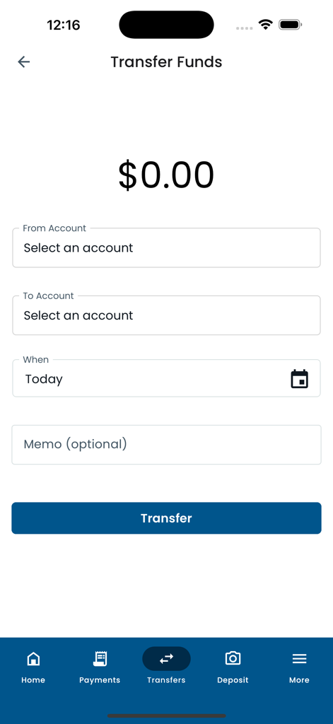 Lake Trust Mobile Banking - Interfaz de la aplicación de Banca Móvil de Lake Trust para transferir fondos entre cuentas