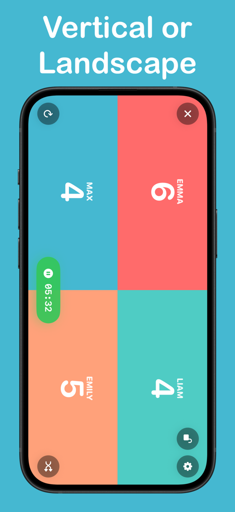 Scoreboard - Score Counter - Scoreboard app showing scores for four players in landscape mode with a game timer