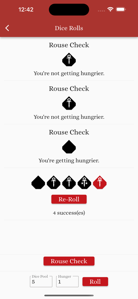 Vampire v5 Characters - Dice roller screen showing Rouse Check results and successful dice rolls in the Vampire v5 Characters app