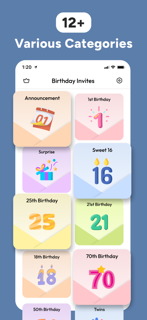 Birthday Invitation Maker ° - Birthday Invitation Maker app interface showing various invitation categories for milestone events like 1st birthday, Sweet 16, and 21st birthday