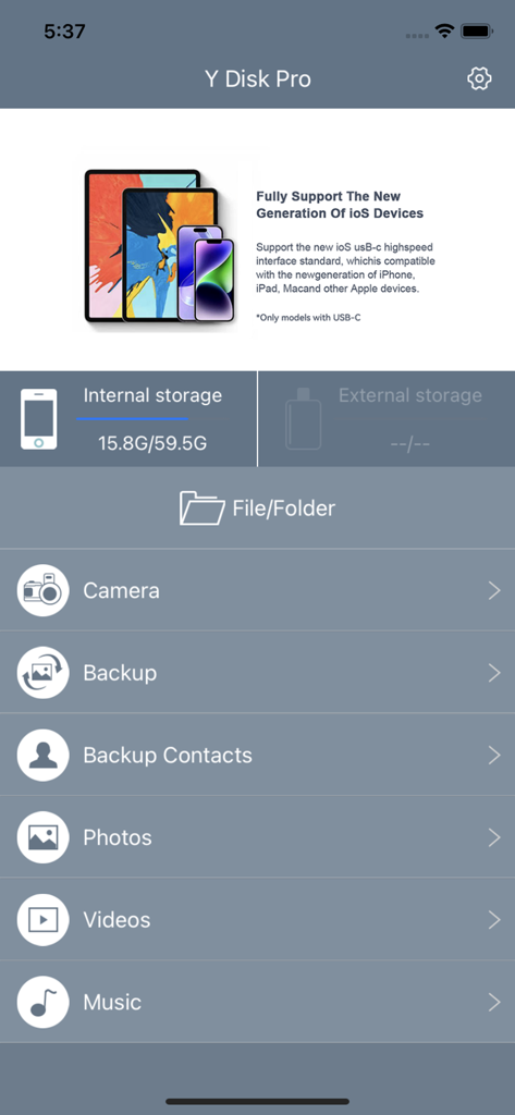 Y Disk Pro app main screen showing internal storage status and menu options for backup photos and videos